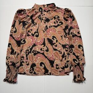 Who What Wear Blouse Womens Medium Black Paisley Mock Neck Long Puff Sleeve